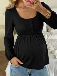 SHEIN Maternity Solid Color Button Half-Placket Long Sleeve Casual Soft Form T-Shirt,Autumn Formal Office Black Fall - Black - View 2