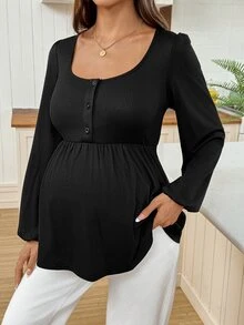 SHEIN Maternity Solid Color Button Half-Placket Long Sleeve Casual Soft Form T-Shirt,Autumn Formal Office Black Fall - Black - View 4