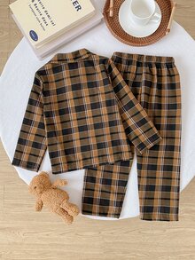 2件組 秋冬男童居家服 時尚復古咖啡格紋 休閒簡約 寬鬆舒適 翻領開襟針織外套長袖與長褲 - 咖啡棕 - 查看 3