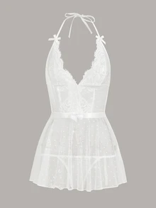 SHEIN 婚礼季蕾丝拼接波尔卡圆点网眼性感内衣连衣裙 - 白色 - 查看 7