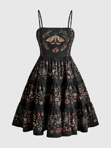 ROMWE Fairycore Floral Forest Hippie Romantic Court Print Loose Slimming Women's Spaghetti Strap Mini Dress - Multicolor - View 1