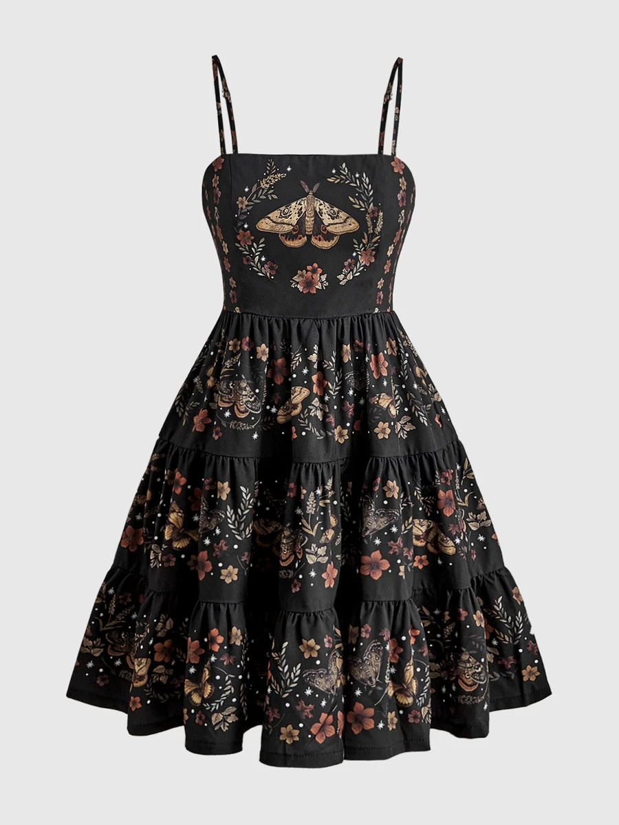 ROMWE Fairycore Floral Forest Hippie Romantic Court Print Loose Slimming Women's Spaghetti Strap Mini Dress - Multicolor - View 1