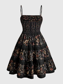 ROMWE Fairycore Floral Forest Hippie Romantic Court Print Loose Slimming Women's Spaghetti Strap Mini Dress - Multicolor - View 2