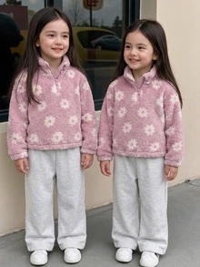 SHEIN Genkimix Kids 2件裝少女珊瑚絨毛絨衛衣，抓絨內裡半拉鍊外套上衣，休閒經典百搭白色套裝，2026新款秋冬款 - 紫色 - 查看 4
