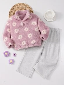 SHEIN Genkimix Kids 2件裝少女珊瑚絨毛絨衛衣，抓絨內裡半拉鍊外套上衣，休閒經典百搭白色套裝，2026新款秋冬款 - 紫色 - 查看 8