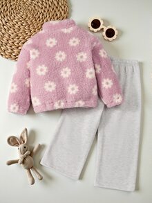 SHEIN Genkimix Kids 2件裝少女珊瑚絨毛絨衛衣，抓絨內裡半拉鍊外套上衣，休閒經典百搭白色套裝，2026新款秋冬款 - 紫色 - 查看 2