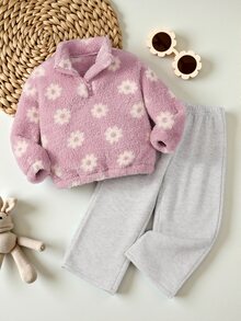 SHEIN Genkimix Kids 2件裝少女珊瑚絨毛絨衛衣，抓絨內裡半拉鍊外套上衣，休閒經典百搭白色套裝，2026新款秋冬款 - 紫色 - 查看 1