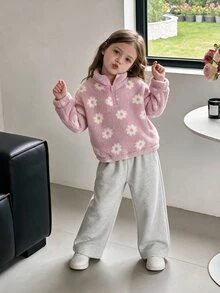 SHEIN Genkimix Kids 2件裝少女珊瑚絨毛絨衛衣，抓絨內裡半拉鍊外套上衣，休閒經典百搭白色套裝，2026新款秋冬款 - 紫色 - 查看 3