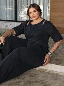 Bibi Tomais 休闲扎染T恤，露肩宽松上衣，日式宽松大码女装春夏短袖T恤 - 深灰色 - 查看 6