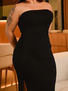 Bibi Tomais 大碼高衩抹胸緊身連衣裙 - 黑色 - 查看 6