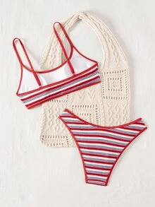 SHEIN Swim 条纹纹理面料可调节肩带女士泳装套装，比基尼两件套，沙滩度假运动休闲百搭女式泳装，春夏款，适合青少年 - 彩色 - 查看 3