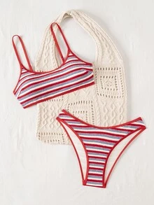 SHEIN Swim 条纹纹理面料可调节肩带女士泳装套装，比基尼两件套，沙滩度假运动休闲百搭女式泳装，春夏款，适合青少年 - 彩色 - 查看 6