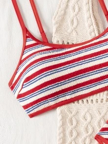 SHEIN Swim 条纹纹理面料可调节肩带女士泳装套装，比基尼两件套，沙滩度假运动休闲百搭女式泳装，春夏款，适合青少年 - 彩色 - 查看 4