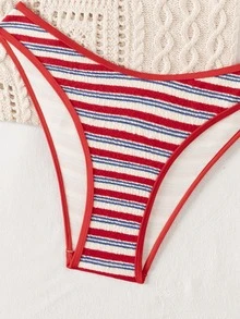 SHEIN Swim 条纹纹理面料可调节肩带女士泳装套装，比基尼两件套，沙滩度假运动休闲百搭女式泳装，春夏款，适合青少年 - 彩色 - 查看 5