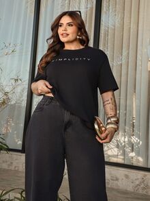 Bibi Tomais Letter Print Casual Loose Fit Crew Neck Short Sleeve White T-Shirt, Streetwear Style Summer - Black - View 4