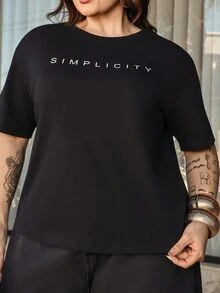 Bibi Tomais Letter Print Casual Loose Fit Crew Neck Short Sleeve White T-Shirt, Streetwear Style Summer - Black - View 3