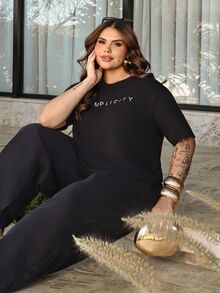 Bibi Tomais Letter Print Casual Loose Fit Crew Neck Short Sleeve White T-Shirt, Streetwear Style Summer - Black - View 1