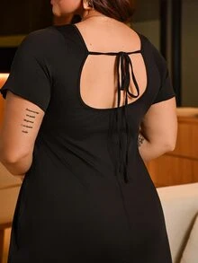 Bibi Tomais 大码女装新款黑色波点印花短袖修身迷你连衣裙，A字版型，露背蝴蝶结设计，浪漫连衣裙，派对装扮，优雅时尚，黑色优雅，时尚春季连衣裙，学院风，夏季连衣裙，哥特风设计，度假连衣裙，音乐节，春季吊带裙，夏季吊带裙，春夏女装 + 科切拉音乐节/派对 - 黑色 - 查看 6