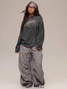 MUSERA 白色圖形標誌細節長袖上衣 冬季休閒日常舒適穿搭 酷白色女款上衣 - 深灰色 - 查看 2