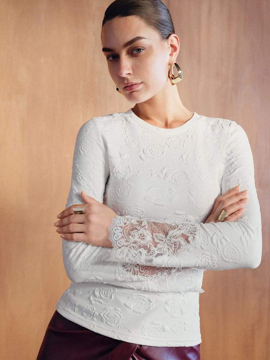 MOTF PREMIUM SWEET LACE PATCHWORK LONG SLEEVE T-SHIRT FOR DATING - White - View 2