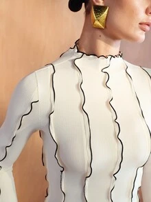 MOTF PREMIUM 女款立領長袖羅紋修身時尚對比條紋T恤 - 杏色 - 查看 3