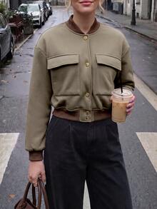 Struktiv Jaket Baseball Pendek Wanita Warna Khaki dengan Kerah Bergaris dan Kancing Emas, Saku, Gaya Minimalis untuk Kantor, Kasual, Musim Semi/Gugur. - MultiWarna - View 3