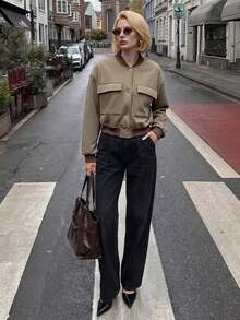 Struktiv Jaket Baseball Pendek Wanita Warna Khaki dengan Kerah Bergaris dan Kancing Emas, Saku, Gaya Minimalis untuk Kantor, Kasual, Musim Semi/Gugur. - MultiWarna - View 5