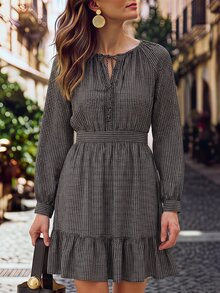 Hansera Women's Winter Old Money Style All-Over Print Casual Loose Geometric Pattern Woven Long Sleeve Dress, A-Line Hem, Suitable For Daily Commute Wear - Black - View 3