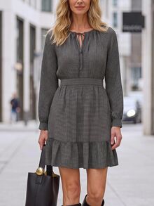Hansera Women's Winter Old Money Style All-Over Print Casual Loose Geometric Pattern Woven Long Sleeve Dress, A-Line Hem, Suitable For Daily Commute Wear - Black - View 2