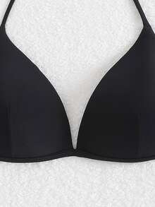 Swim Basics Summer Beach Solid Halter Triangle Bikini Top - Black - View 5