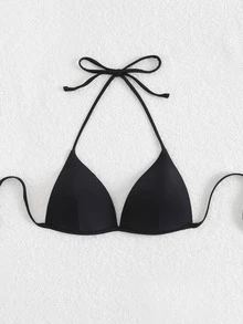 Swim Basics Summer Beach Solid Halter Triangle Bikini Top - Black - View 3