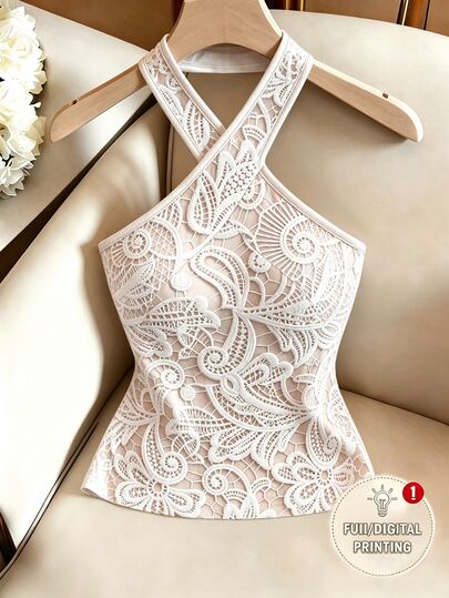 SHEIN Franclia Sexy Minimalist Criss-Cross Halter Neck Print Backless Fitted Romantic Vacation Beach Travel Office Professional Women's Party Tank Top