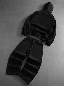 PAVTROS Setelan Olahraga Kasual Pria Ukuran Besar dengan Jaket Berkerudung dan Celana Berpotongan Kontras, Pakaian Jalanan Pria, - Hitam - View 2