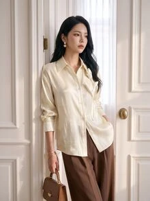 Heiryn Blus Wanita Elegan untuk Perjalanan Sehari-hari dengan Dekorasi Bunga 3D - Aprikot - View 3