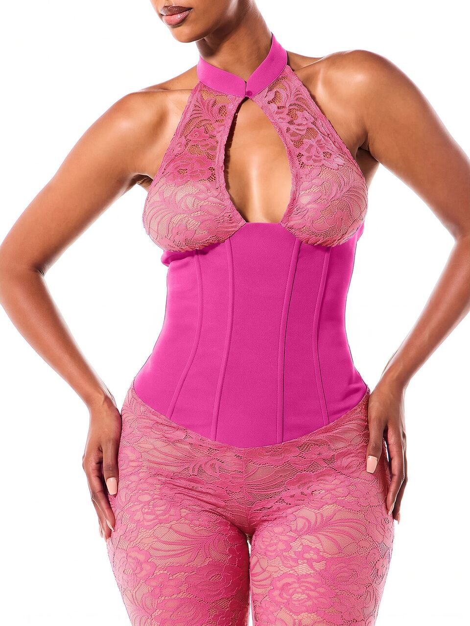 SUMWON WOMEN Halter Neck Lace Jumpsuit With Corset Waist And Keyhole Cut Out And Knee Length Lace Up Back Capri Style
