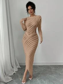 Rafferiza 女士圆领长袖镂空修身连衣裙 - 藕粉色 - 查看 6