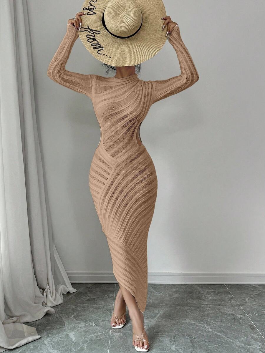 Rafferiza 女士圆领长袖镂空修身连衣裙 - 藕粉色 - 查看 1