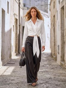 Hansera Women's Winter Solid Color Long Sleeve White Short Blouse - White - View 3
