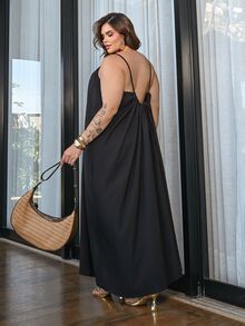 Bibi Tomais 大码女式纯色露背系带宽松长款休闲连衣裙 - 黑色 - 查看 2