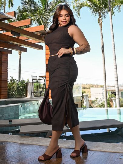 Bibi Tomais Plus Size Women Vacation Elastic Camisole & Mini Skirt 2 Pieces Set