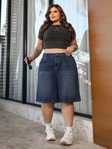 Bibi Tomais 大码女式蓝色夏季休闲度假七分牛仔裤，适合日常休闲度假穿着。 - 中等水洗藍 - 查看 2
