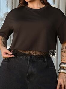 Bibi Tomais Brown Casual Plus Size Women Lace Patchwork Drop Shoulder Short Sleeve T-Shirt - Brown - View 6