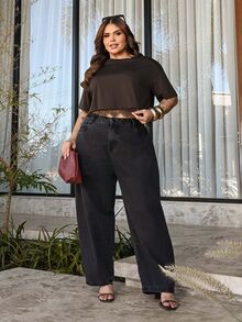 Bibi Tomais Brown Casual Plus Size Women Lace Patchwork Drop Shoulder Short Sleeve T-Shirt - Brown - View 4
