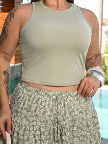Bibi Tomais 两件套加大码女式绿色休闲圆领背心和碎花迷你裙 - 綠色 - 查看 6