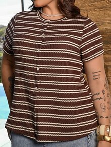 Bibi Tomais Plus Size Women Summer Casual Minimalist Striped T-Shirt - Coffee Brown - View 6
