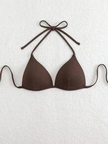 Swim Basics Solid Color Halter Neck Triangle Fashionable Bikini Top For Summer Beach Vacation - Brown - View 3