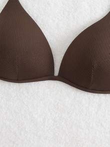 Swim Basics Solid Color Halter Neck Triangle Fashionable Bikini Top For Summer Beach Vacation - Brown - View 5