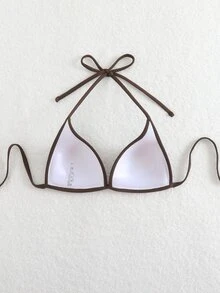 Swim Basics Solid Color Halter Neck Triangle Fashionable Bikini Top For Summer Beach Vacation - Brown - View 2
