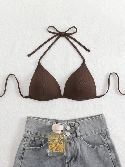 Swim Basics Solid Color Halter Neck Triangle Fashionable Bikini Top For Summer Beach Vacation