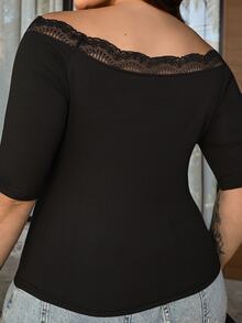 Bibi Tomais Plus Size Summer Casual Solid Color Lace Trim Off-Shoulder T-Shirt - Black - View 2